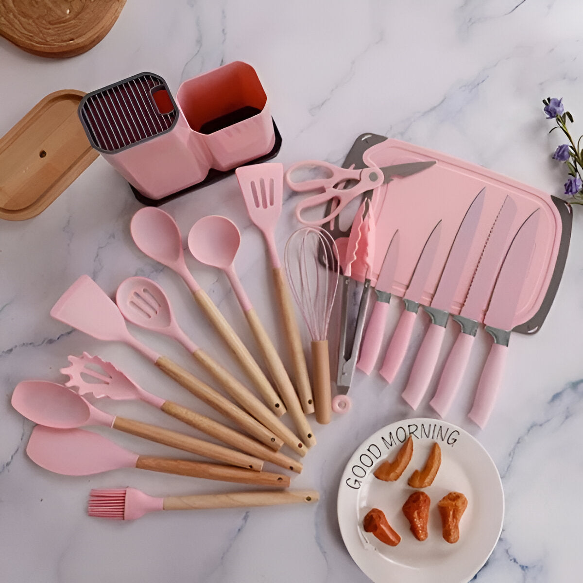 Set de Utensilios 19 Piezas en Silicona Altas Temperaturas Libres de BPA