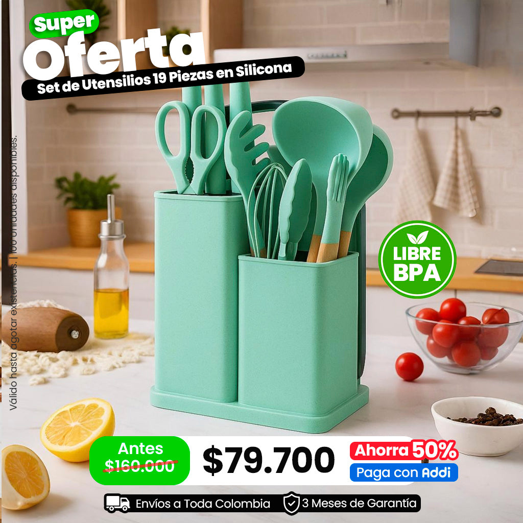 Set de Utensilios 19 Piezas en Silicona Altas Temperaturas Libres de BPA