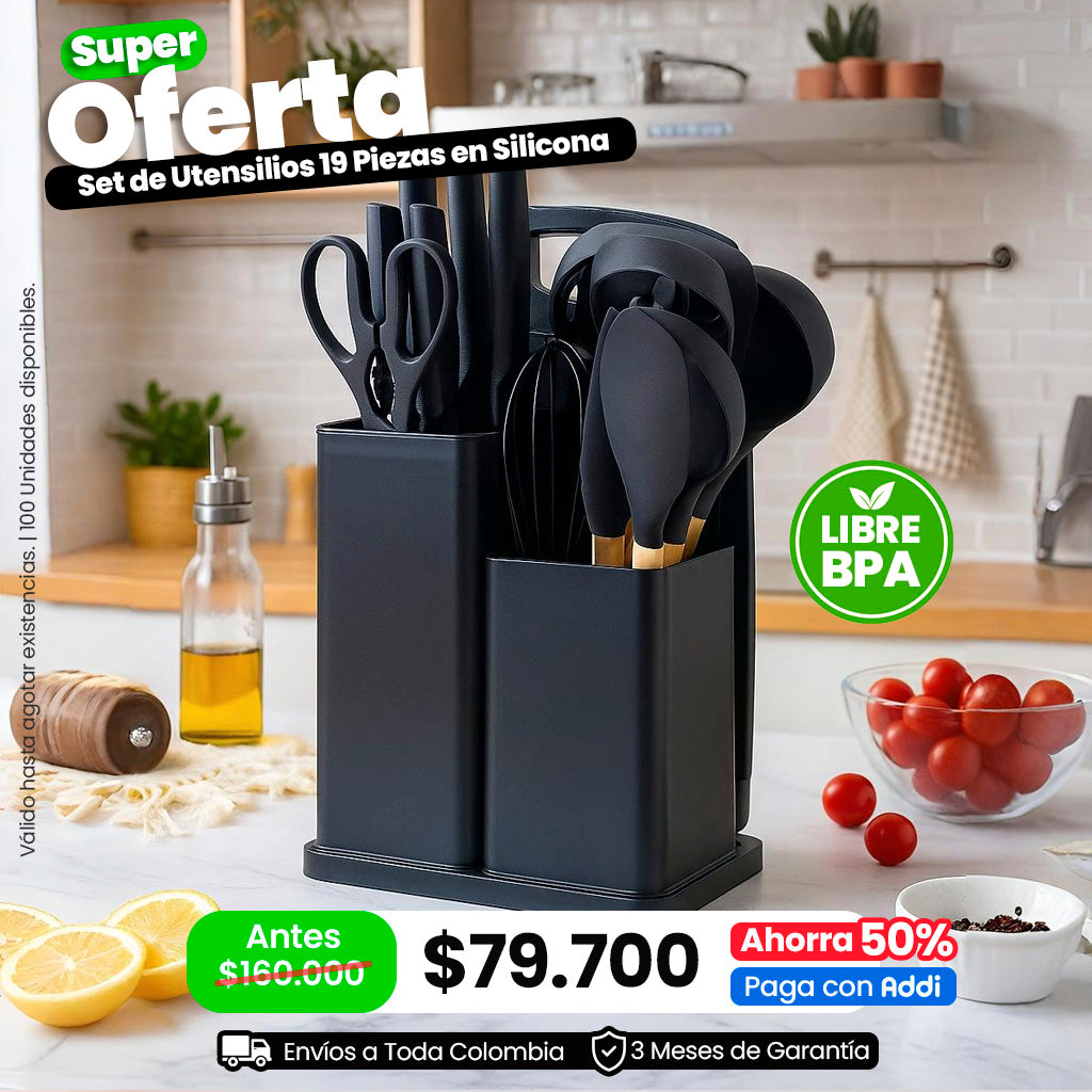 Set de Utensilios 19 Piezas en Silicona Altas Temperaturas Libres de BPA