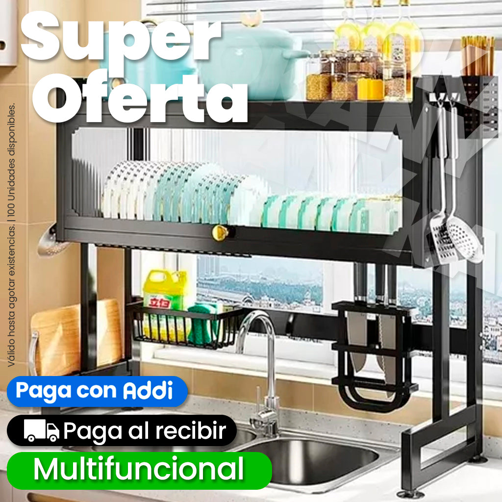 Organizador Escurridor de Platos con Tapa de 65 cm Acero Inoxidable Negro