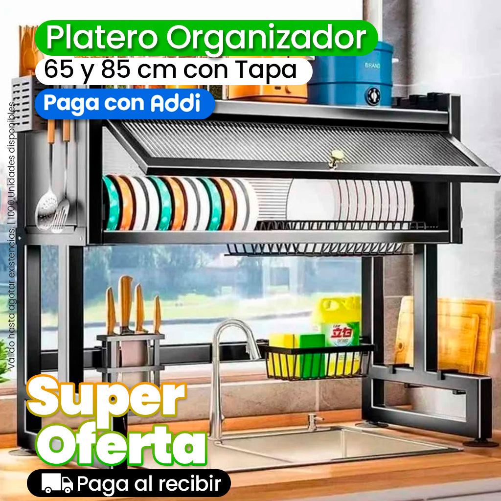 Organizador Escurridor de Platos con Tapa de 65 cm Acero Inoxidable Negro