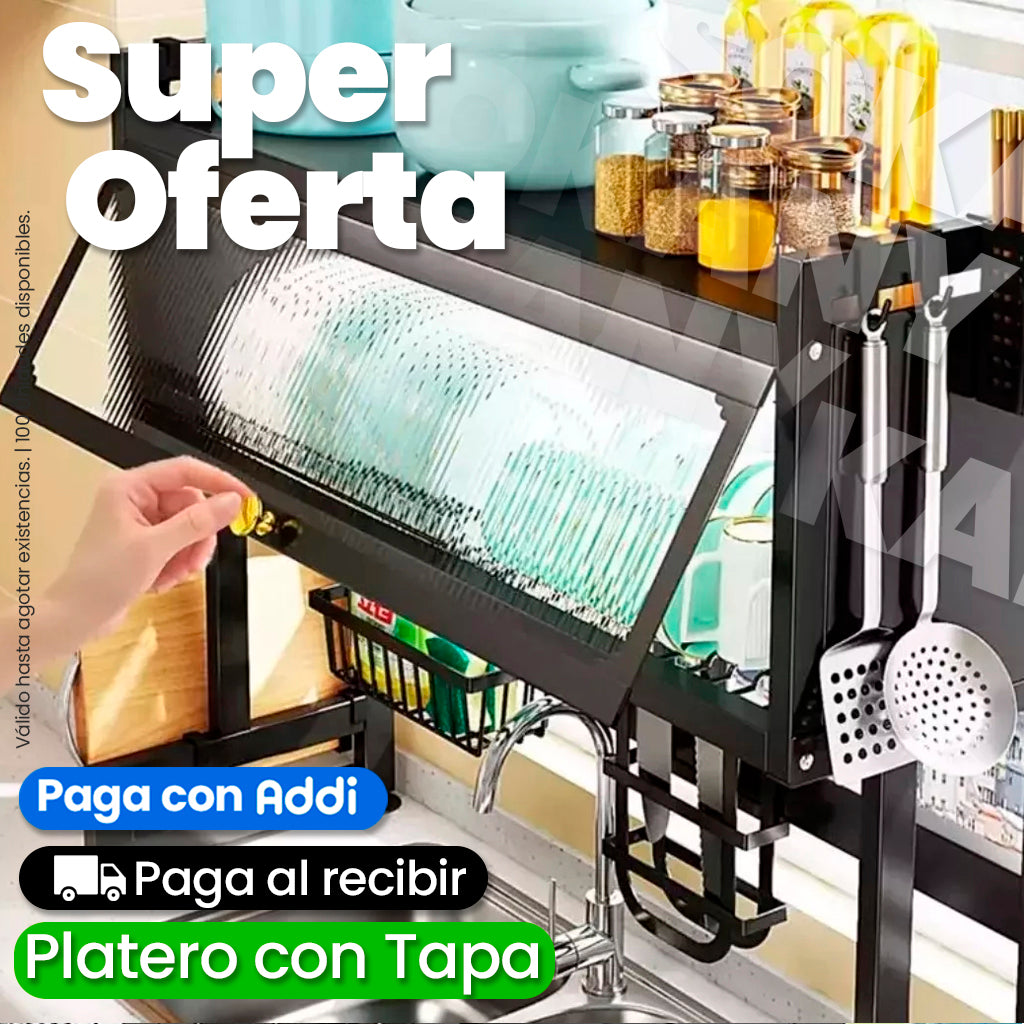 Organizador Escurridor de Platos con Tapa de 65 cm Acero Inoxidable Negro